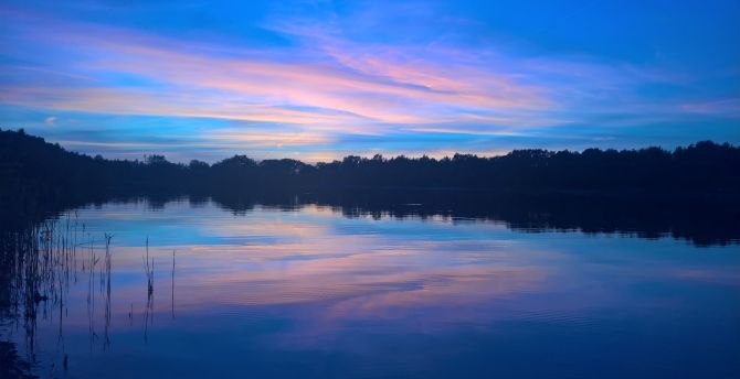 Blue sky, sunset, lake, reflections, nature wallpaper