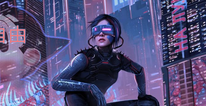 Cyberpunk, city, girl cyborg, art wallpaper