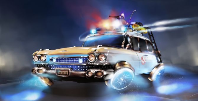 Ghostbusters, flying car, fantasy, art wallpaper