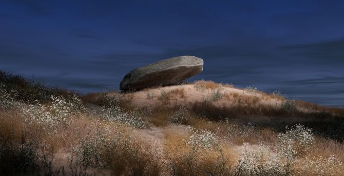 The lonely rock, Chrome OS, stock, dark night, landscape wallpaper