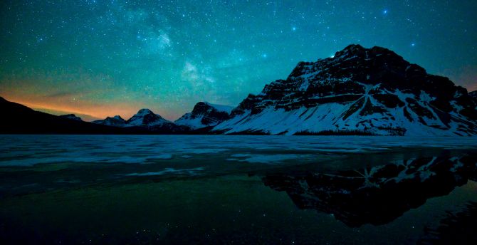 Milky way, starry sky, night, Bow lake, reflections, mountains wallpaper