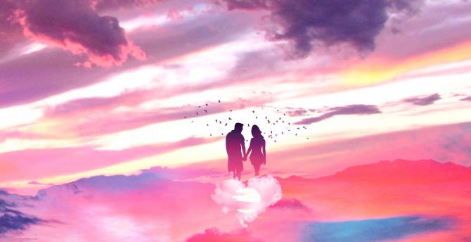 Couple, love, sky, clouds, fantasy wallpaper
