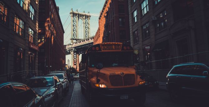 School bus, Manhattan bridge, city new york wallpaper