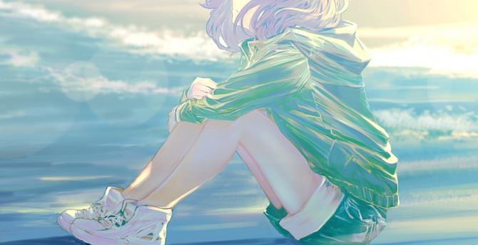 Sea shore, anime girl, art wallpaper