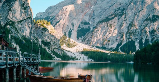 Boat, pier, lake, exotic and natural, mountains wallpaper