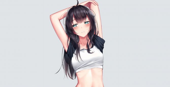 Arms up, cute, anime girl, green eyes wallpaper