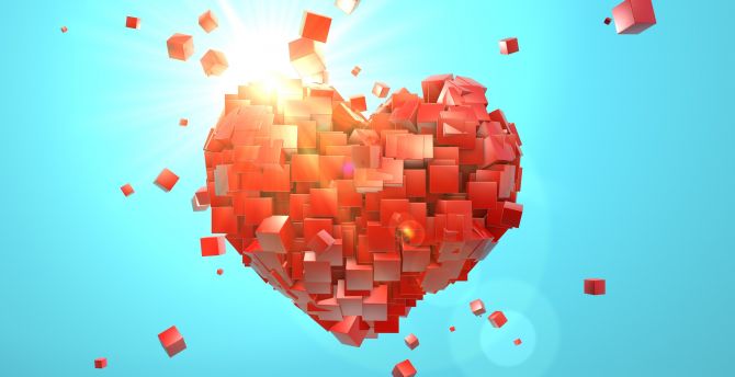 Heart explosion, love, red cubes, abstract, valentine day wallpaper