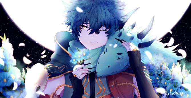 Anime boy, dragon, blue flowers, original, artwork wallpaper