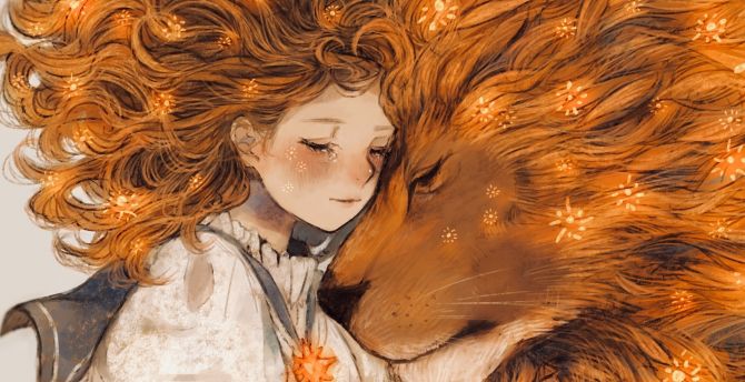 Lion and girl, fantasy, artwork wallpaper
