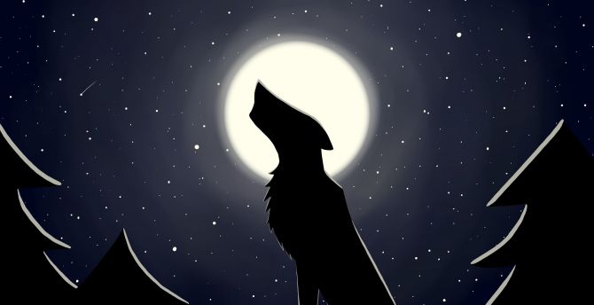 Wolf, moon, minimal, starry night, digital art wallpaper