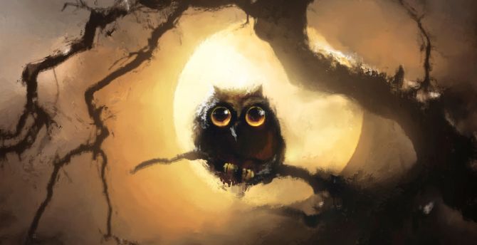 Cute, black owl, night, full moon, art wallpaper