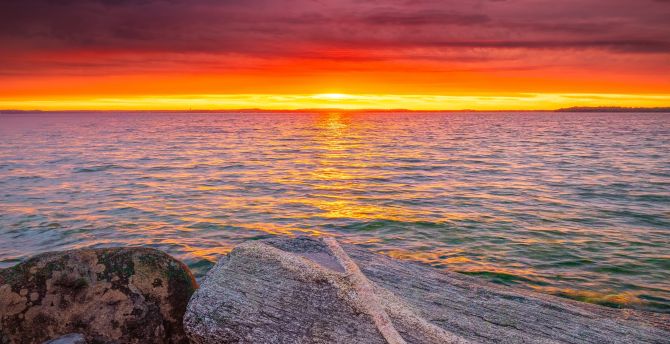 Sunset, rocks, coast, twilight, sea wallpaper