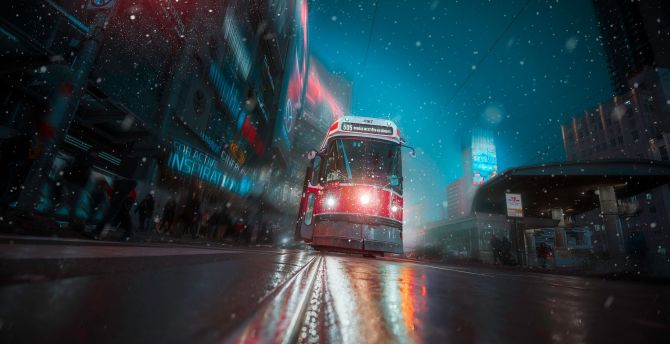 Toronto, Tram, vehicle, city, night, lights, art wallpaper