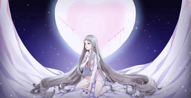Anime, girl, moon, crying, long hair wallpaper
