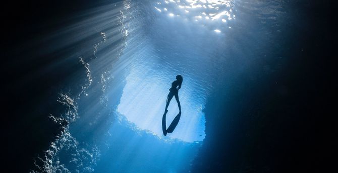Scuba diver, under-water, silhouette, sea wallpaper