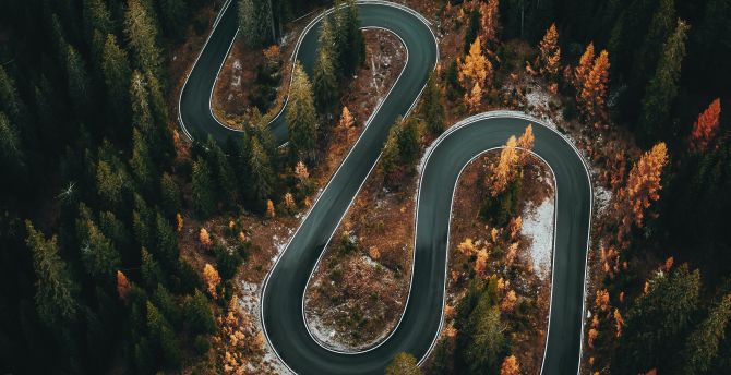 Curvy highway, aerial view, nature wallpaper