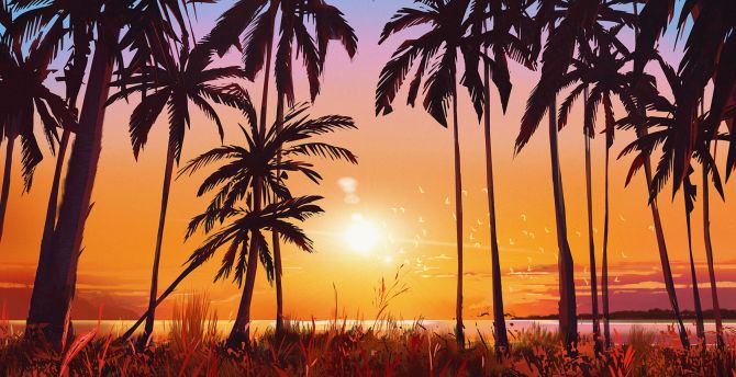 Sunset, silhouette, palms at beach, artwork wallpaper