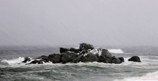 Sea, storm, rain, nature, rocks wallpaper