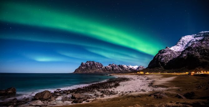 Lofoten islands, Norway, Aurora Borealis, Northern Lights, nature, beach wallpaper