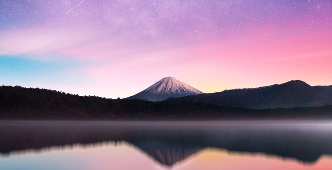 Milky way, mount Fuji, reflections, sunset, lake wallpaper