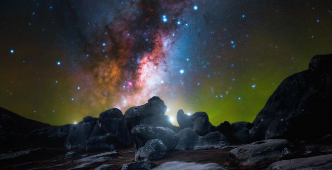 Nightscape, rocks, milky way galaxy, sky, nature wallpaper