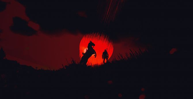 The Witcher 3: Wild Hunt, horse and warrior, silhouette wallpaper