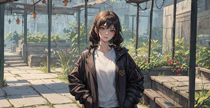 Teen girl in leather jacket, original, anime wallpaper