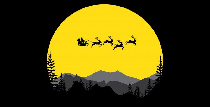Santa Claus, moon, reindeer, chariot, silhouette wallpaper