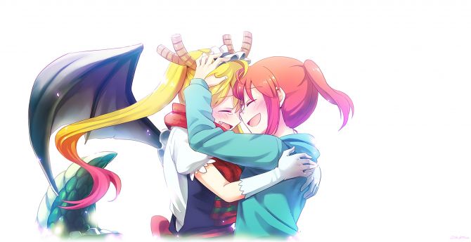 Kobayashi and tohru, anime girls, hug, friends wallpaper