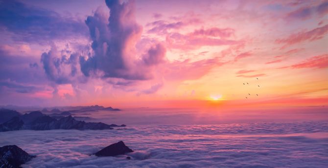 Sea of clouds, horizon, sunset, aerial view, nature wallpaper