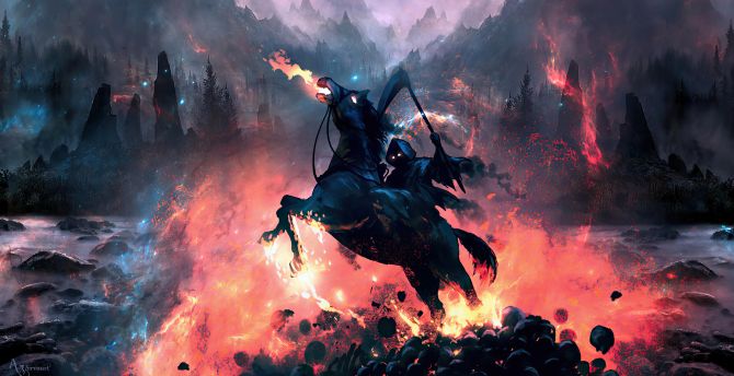Reaper, fire, horse ride, fantasy wallpaper