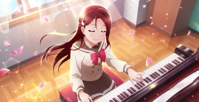 Piano play, Love Live!, anime girl, redhead wallpaper