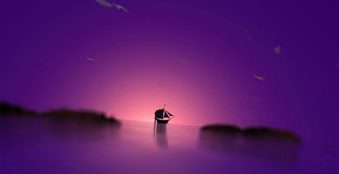 Purple dome boat, sunset, seascape, minimal wallpaper