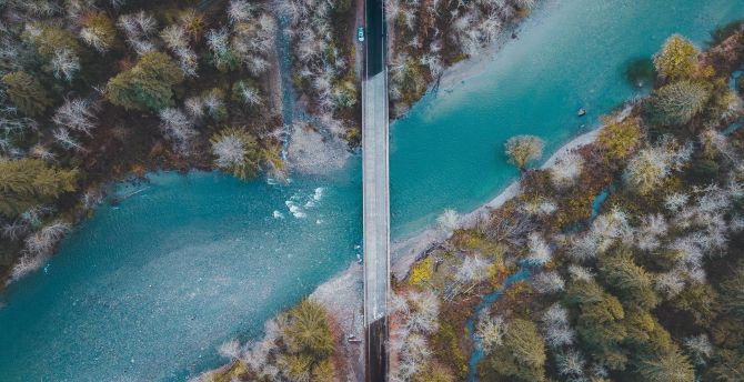 Bridge, river, forest, nature, aerial view wallpaper
