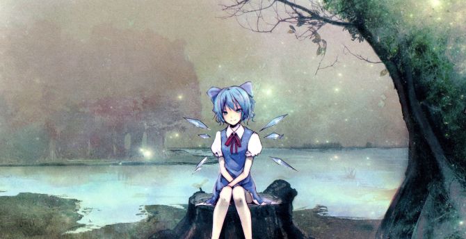 Cirno, touhou, anime girl, sit, outdoor wallpaper