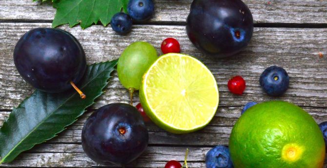 Fruits, lemon, blueberries, cherries, plum, fresh wallpaper