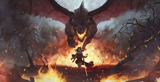 War of dragons, dragon fire, fantasy wallpaper