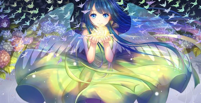 Wallpaper cute, anime girl, blue hair, night out, small birds, original  desktop wallpaper, hd image, picture, background, 5278a4 | wallpapersmug