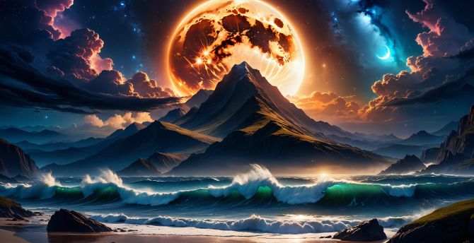 The mountain and sea, moon, another world, fantasy wallpaper