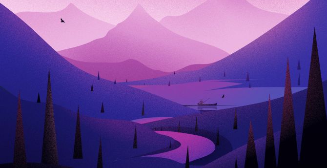 River, lake, mountains, minimal, digital art wallpaper