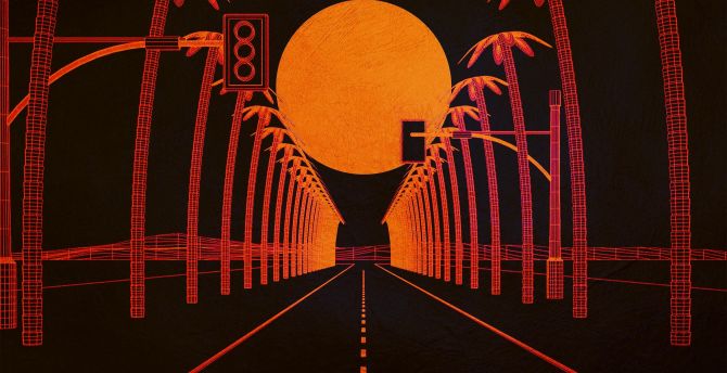 Burnwave, highway, palm trees, dark, artwork wallpaper