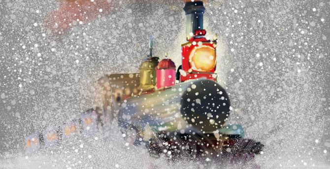 Train, winter, snowfall, snowflakes, artwork wallpaper