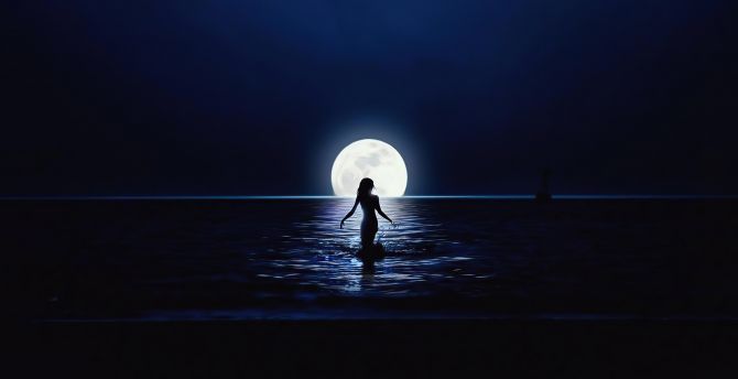 Girl and moon, ocean, silhouette wallpaper