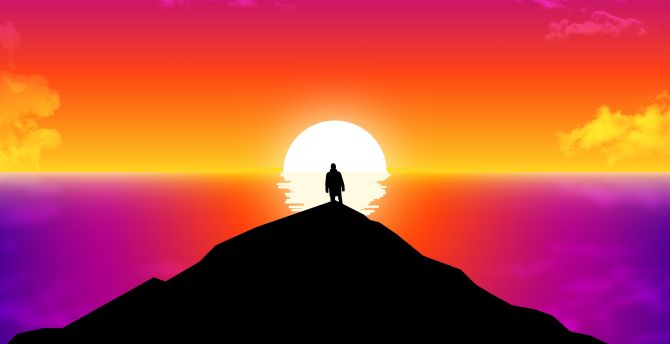 Into the horizon, man, sunset, silhouette, hill, art wallpaper