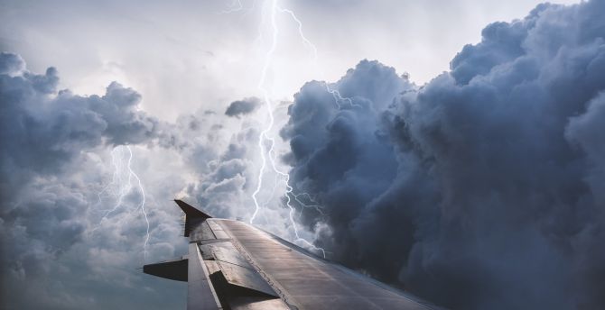 Aircraft, wing, lightning, clouds wallpaper