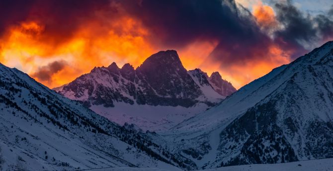 Mountains, yellow glow, snow layer, glacier, sunset, glow wallpaper