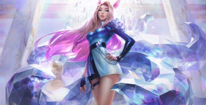 Pink hair elf, Ahri, beautiful girl, LOL game, art wallpaper