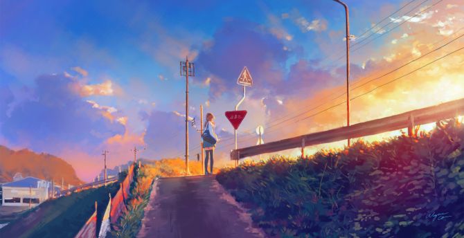 Sunset, pathway, anime girl, original wallpaper