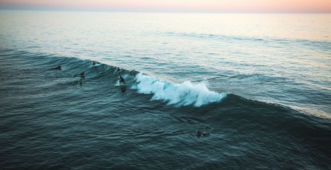 Sea, surfers, tide, aerial shot, vast sea wallpaper