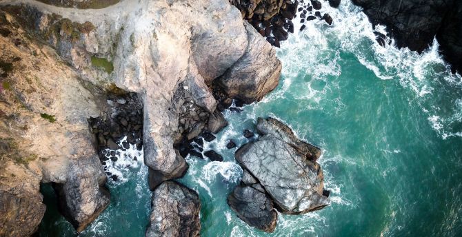Rocks, aerial shot, sea waves, coast wallpaper
